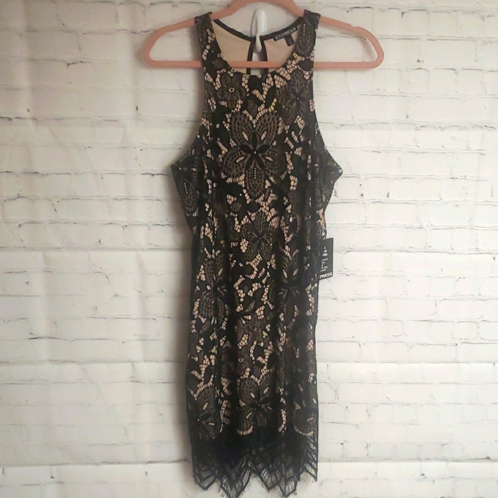 NWT EXPRESS Dress. Black lace with nude underslip. Size M